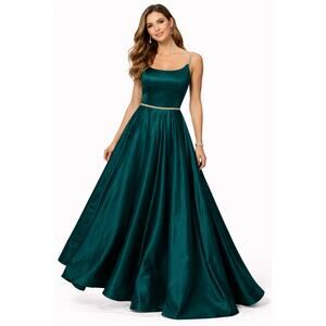 Emerald Green Satin Evening Gown A-Line Maxi Handmade Designer Sz Small